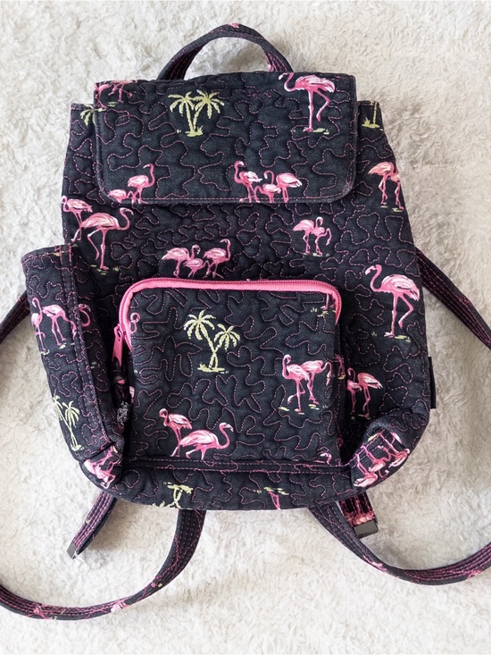 Vintage Donna Sharp Flamingo Quilted Backpack Purse Black Pink Tropical Bag